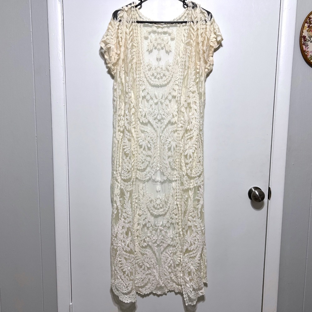 Womens Lace Kimono Duster Size S Ivory Short Sleeve Open Front Fairy Cottagecore
